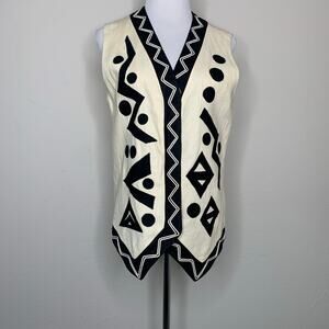 Vintage Geometric Vest Cream Black Sz 10 Lined ? Linen